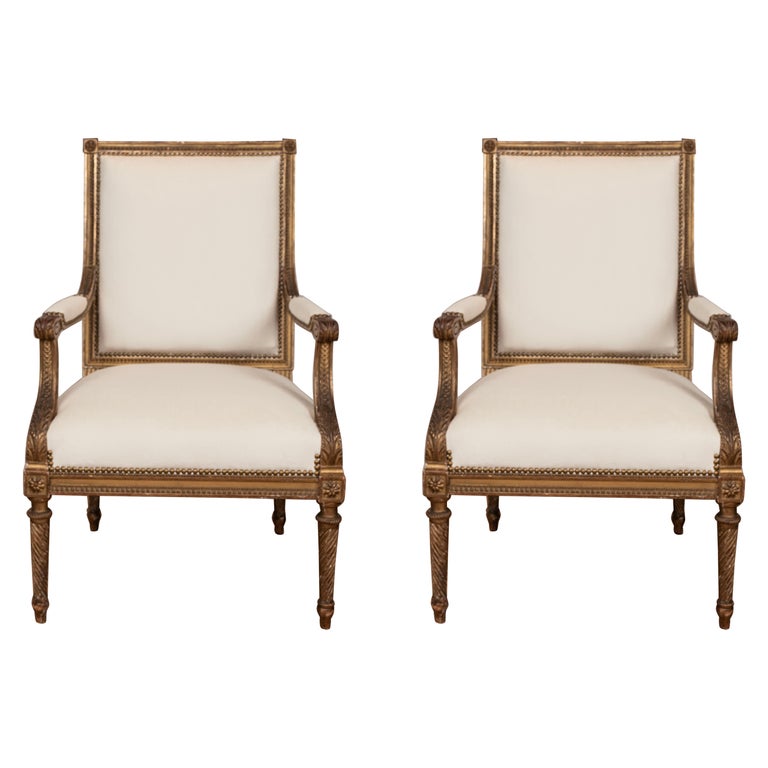 Pair of French Louis XVI Style Giltwood Fauteuils or Armchairs For Sale ...
