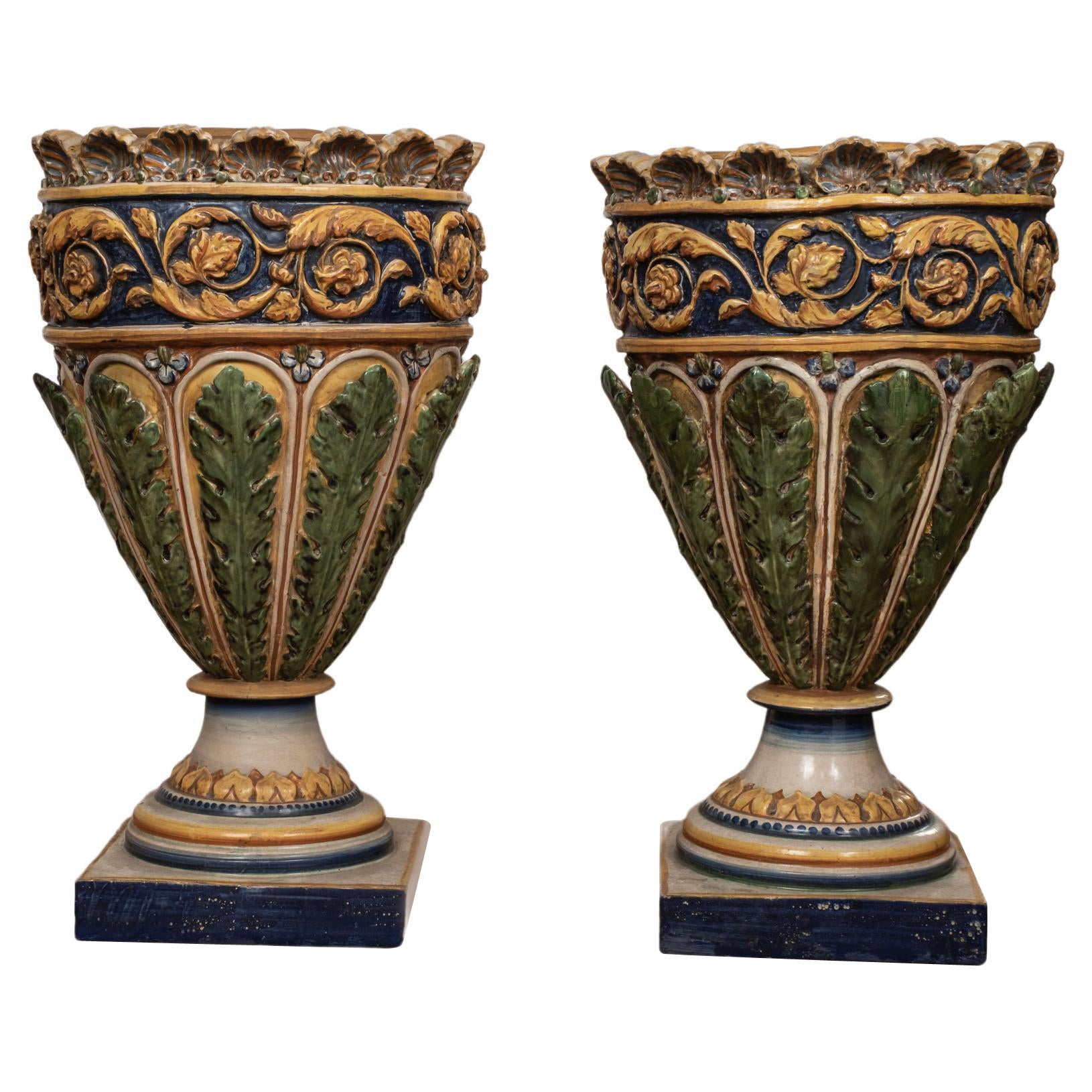 Pair of Italian Glazed Terracotta Urns or Planters For Sale