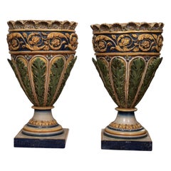 Pair of Italian Glazed Terracotta Urns or Planters