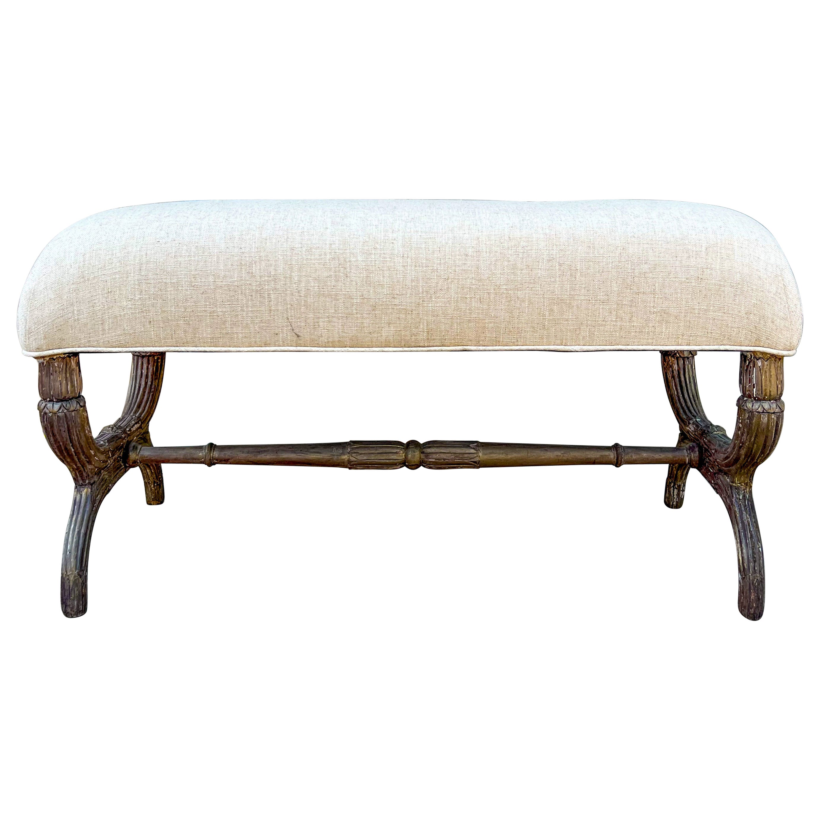 19th-C. Italian Neo-Classical Style Carved Wood Bench in New Linen