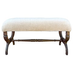 19th-C. Italian Neo-Classical Style Carved Wood Bench in New Linen
