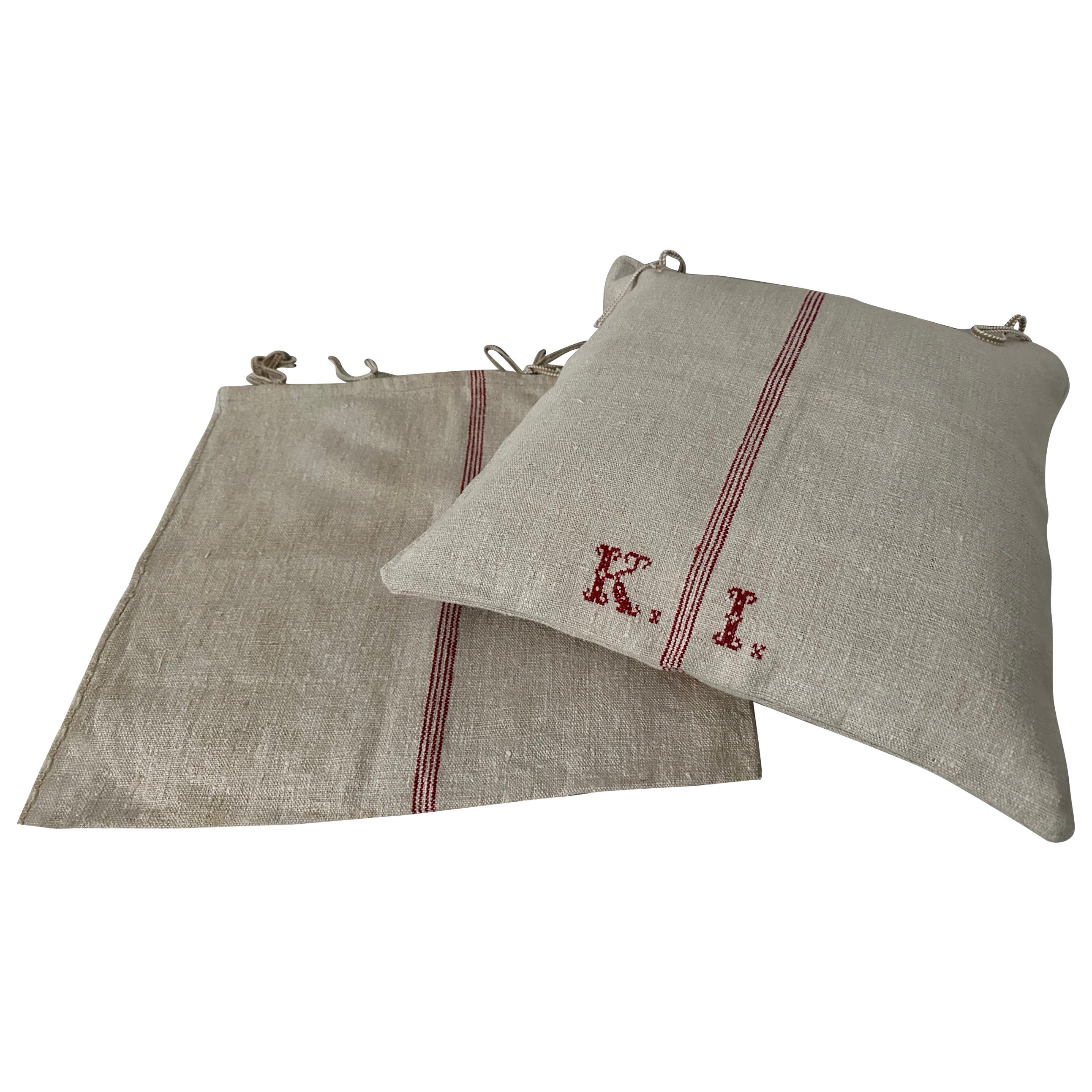 Vintage European Linen Grain Sack Pillow Cases For Sale