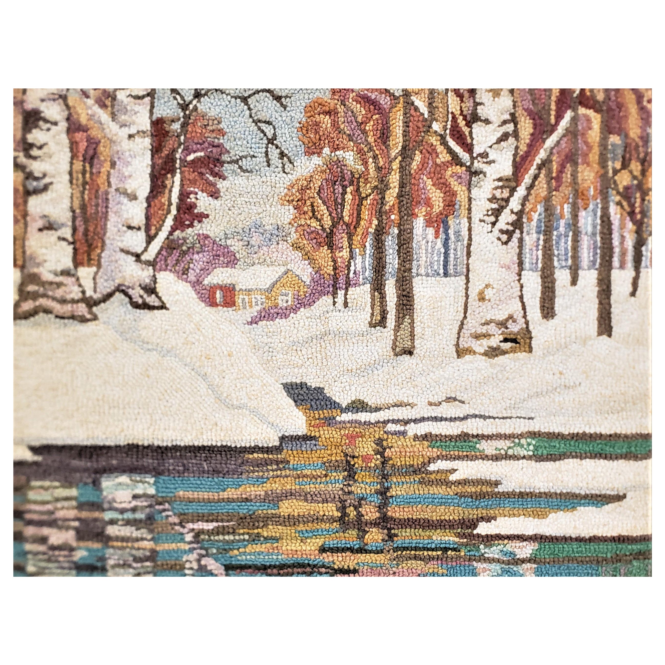 George Edouard Tremblay Folk Art Hooked Rug, Mat or Tapestry of a Winter Scene For Sale