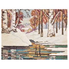 Vintage George Edouard Tremblay Folk Art Hooked Rug, Mat or Tapestry of a Winter Scene
