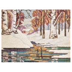 Tapis à capuche d'art populaire de George Edouard Tremblay, tapis ou tapisserie représentant une scène d'hiver