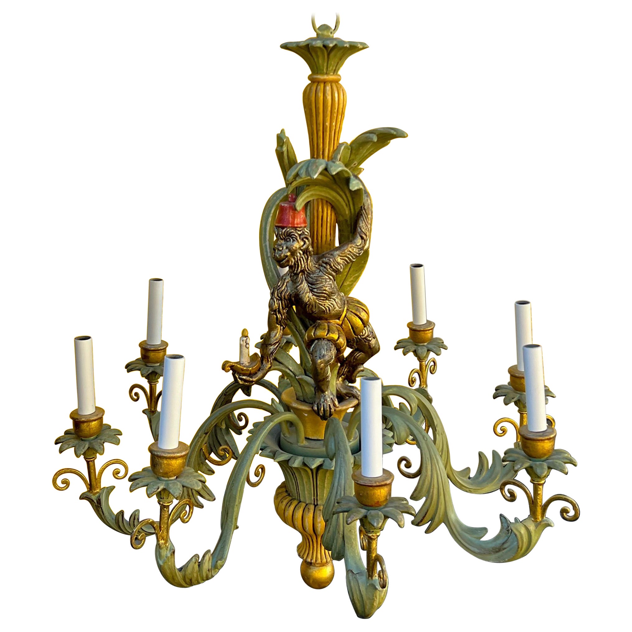 1970s Palm Beach Style Carved Wood Chinoiserie Monkey Chandelier, 8 Arms For Sale