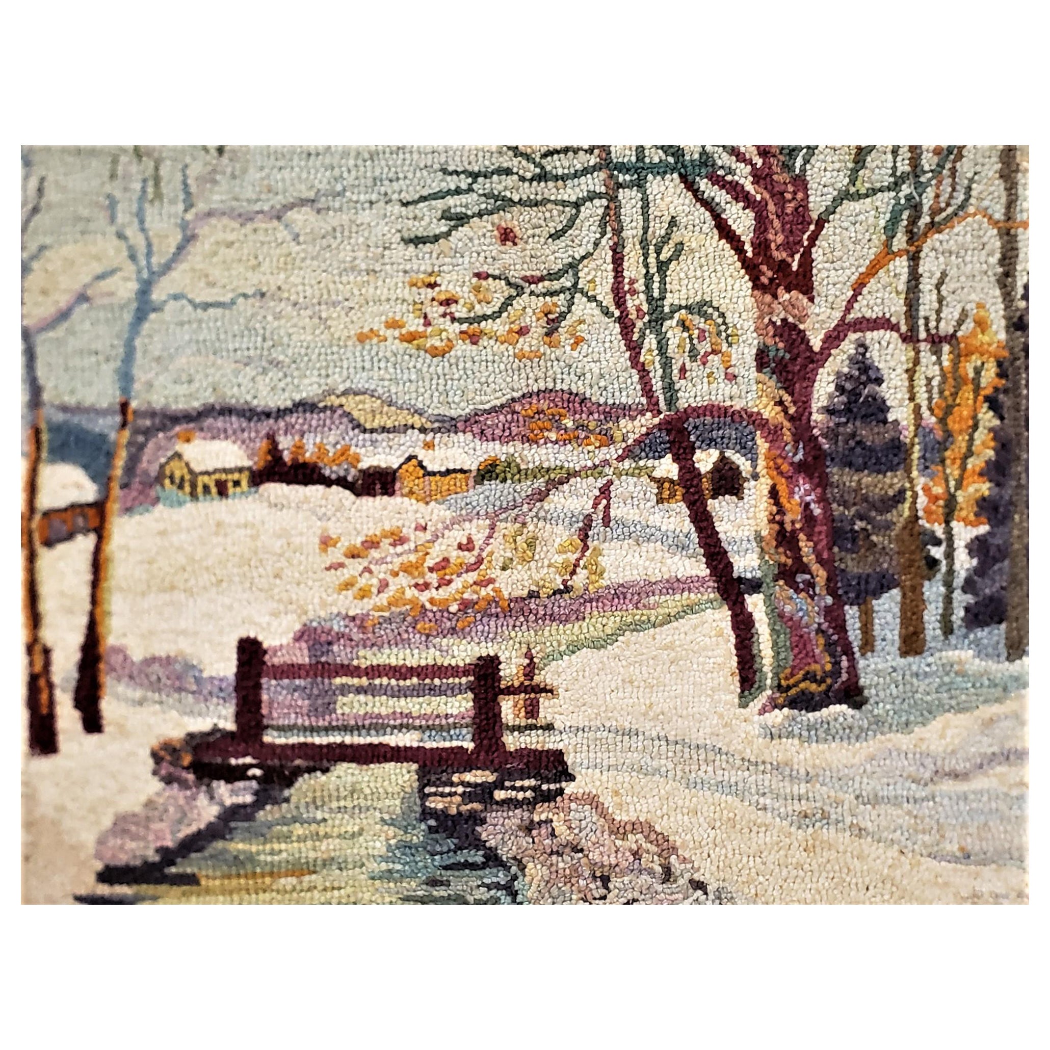 George Edouard Tremblay Folk Art Hooked Rug, Mat or Tapestry of a Winter Scene For Sale
