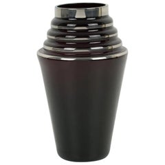 French Art Deco Black Glass Vase with Silver Overlay Decor, 1930s