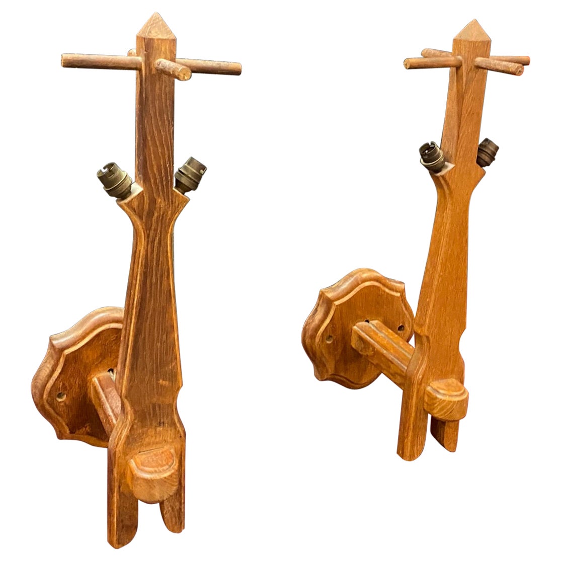 Guillerme and Chambron Large Pair of Wall Lights in Oak, " Votre Maison""  For Sale