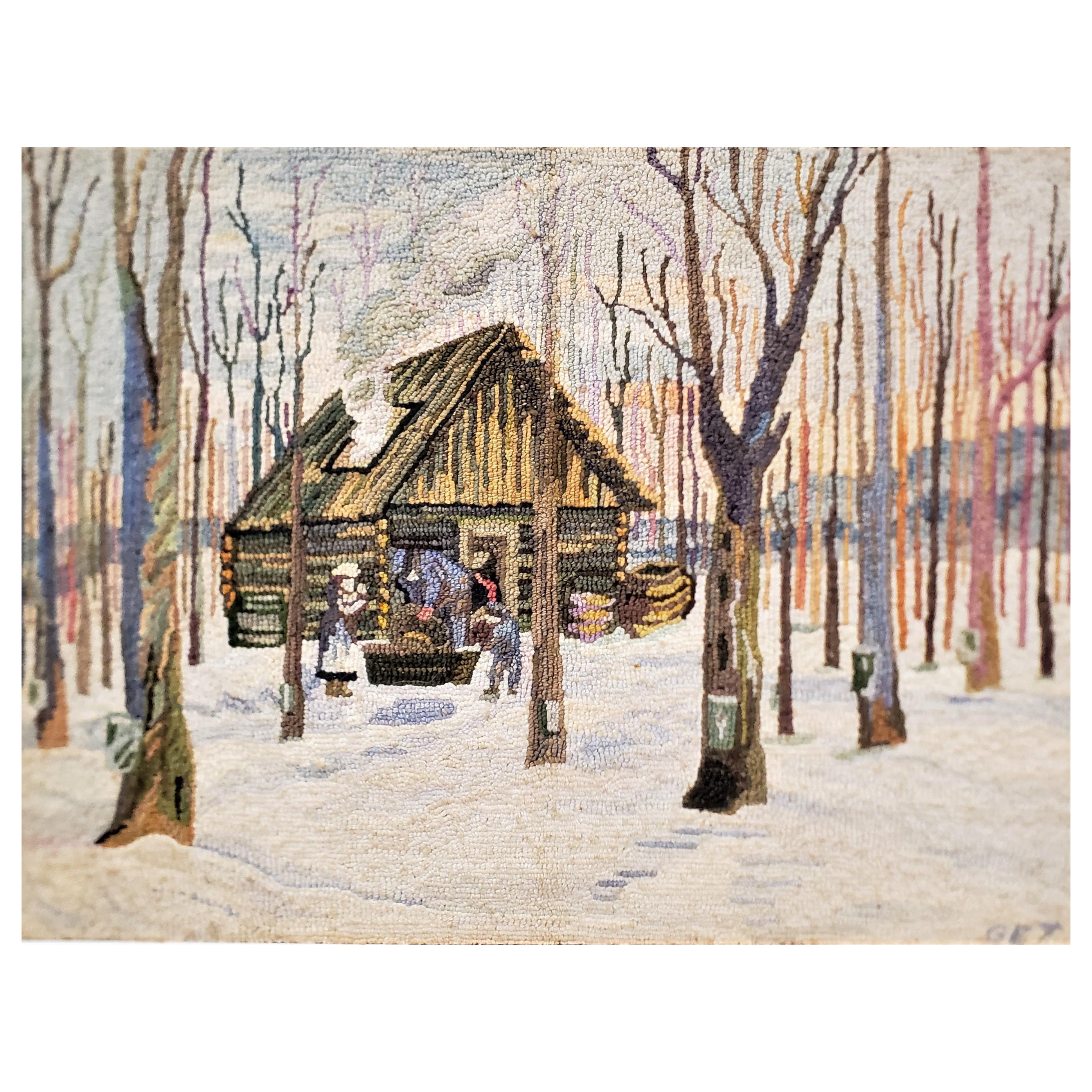 George Edouard Tremblay Folk Art Hooked Rug, Mat or Tapestry of a Winter Scene For Sale