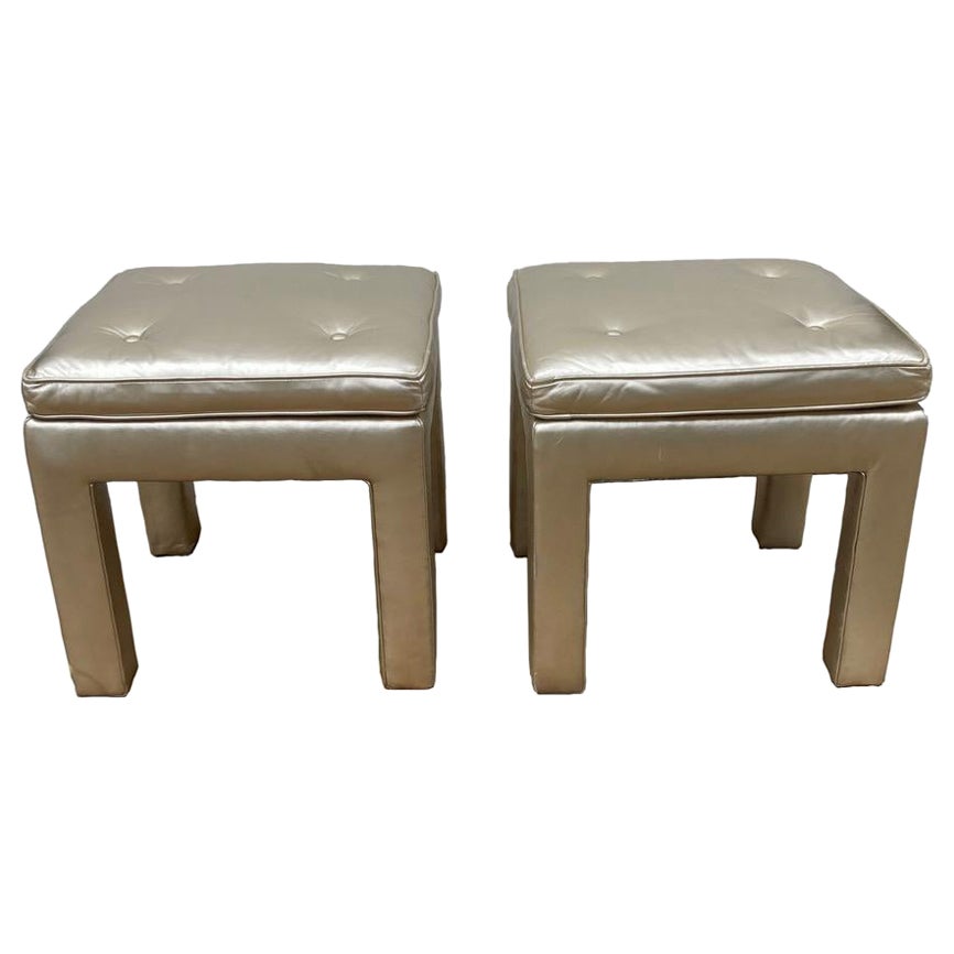 Supercool Pair of 1980s Platinum Leather Covered Parsons Style Stools For Sale
