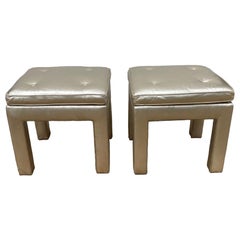 Vintage Supercool Pair of 1980s Platinum Leather Covered Parsons Style Stools