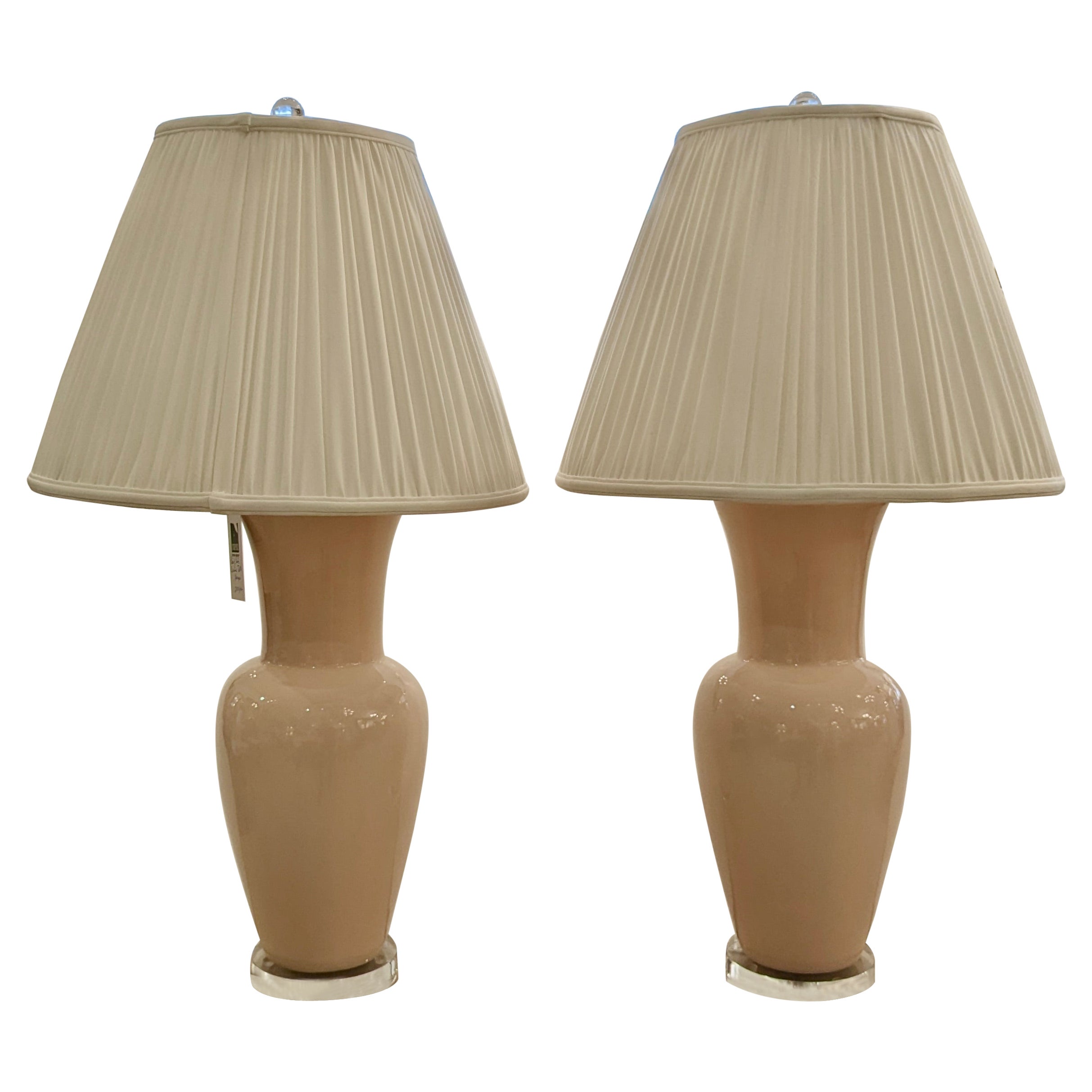 Large Pretty Pair of Light Pink Ceramic Table Lamps For Sale