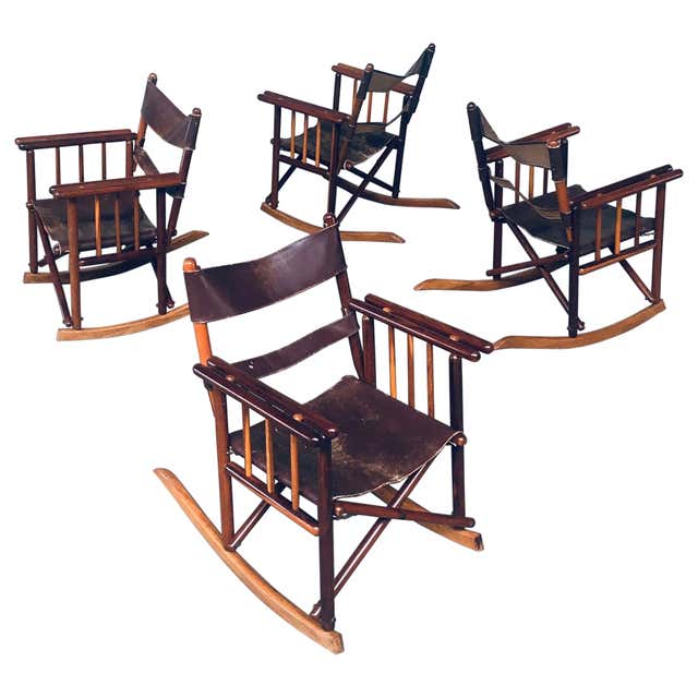 Mid-Century Modern Costa Rican Leather Campaign Folding Rocking Chair ...