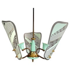 Italian 1950s three-light chandelier in brass and decorated glass lampshades.