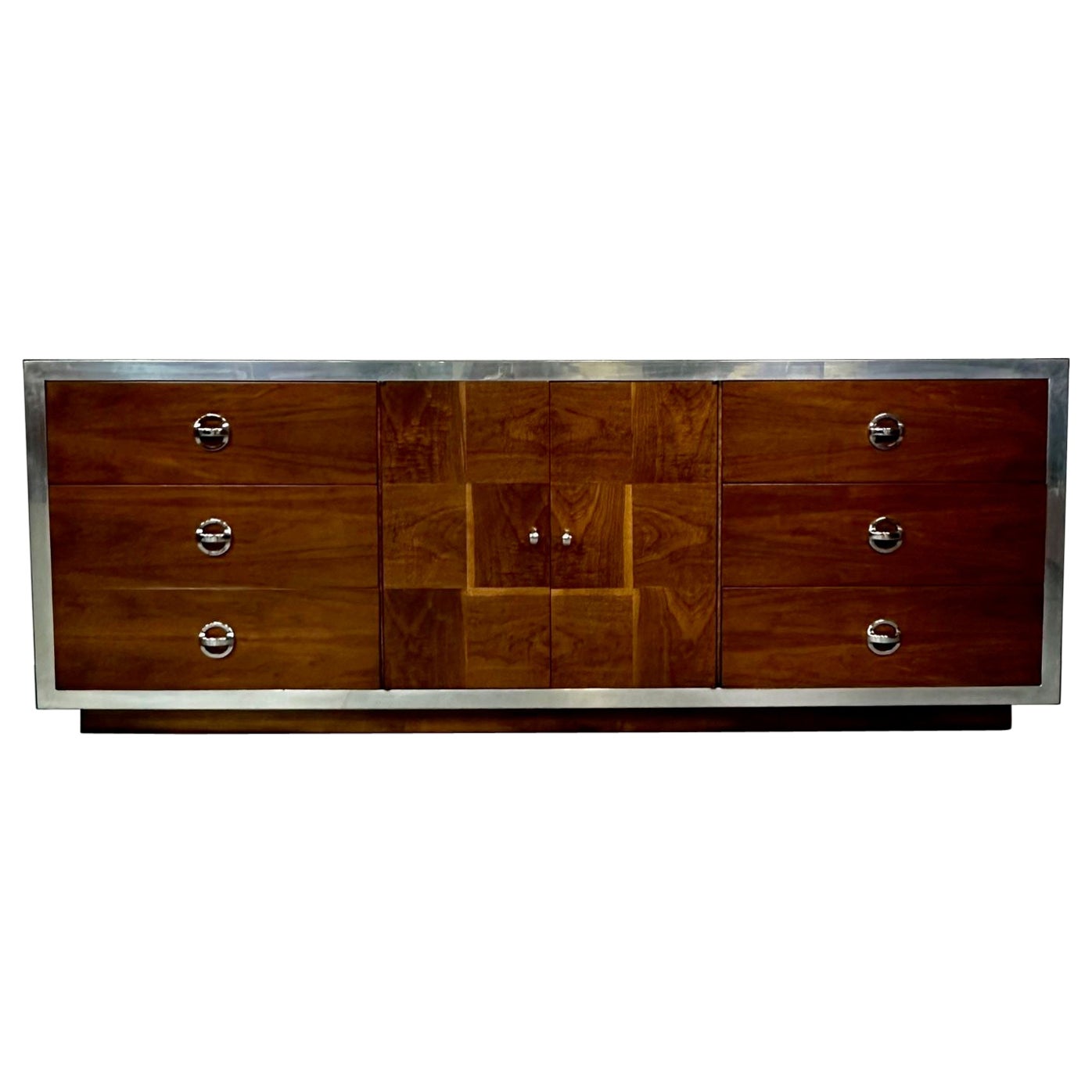 Mid-Century Modern Milo Baughman Sideboard / Dresser, Burlwood, Chrome For Sale