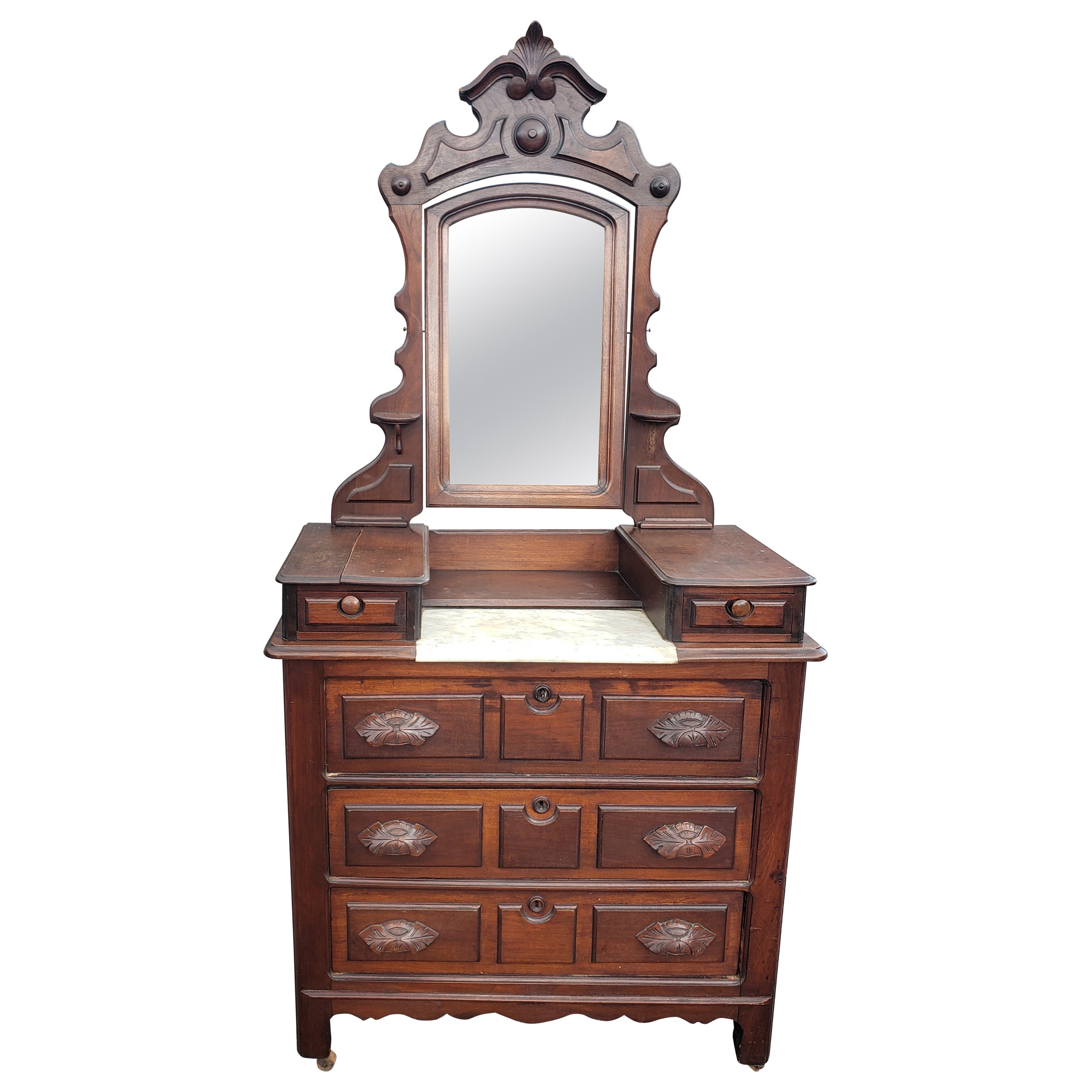 19th C. American Empire Eastlake Mahogany Dresser w/ Marble Top Inset and Mirror