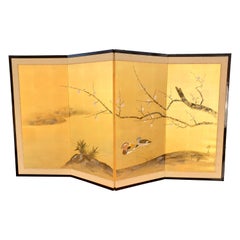 Vintage 1950s Byobu Showa Japanese Asian Signed Four-Panel Folding Screen