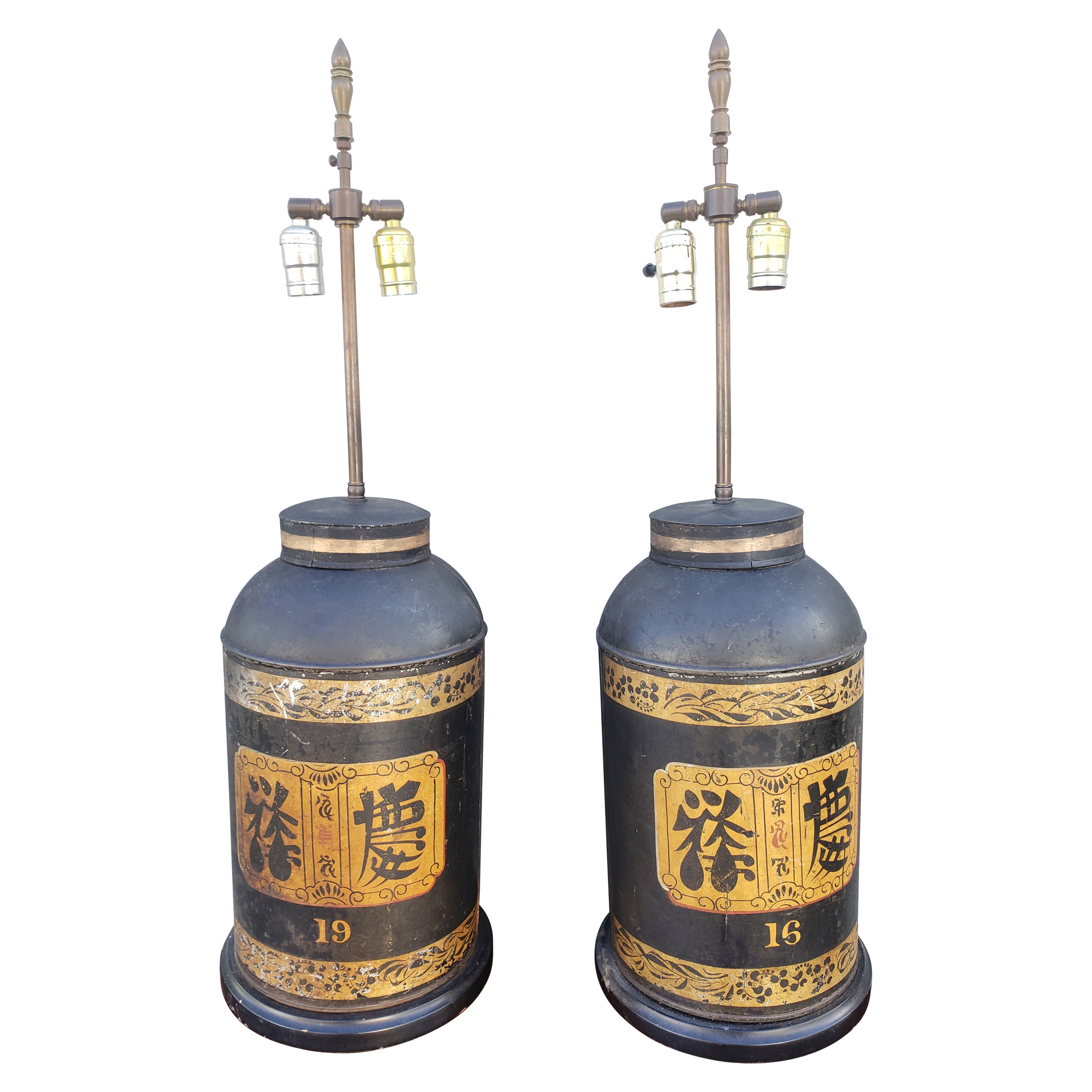 Pair of 19th Century Parcel Gilt and Ebonized Tea Canister Dual Lights Lamps For Sale