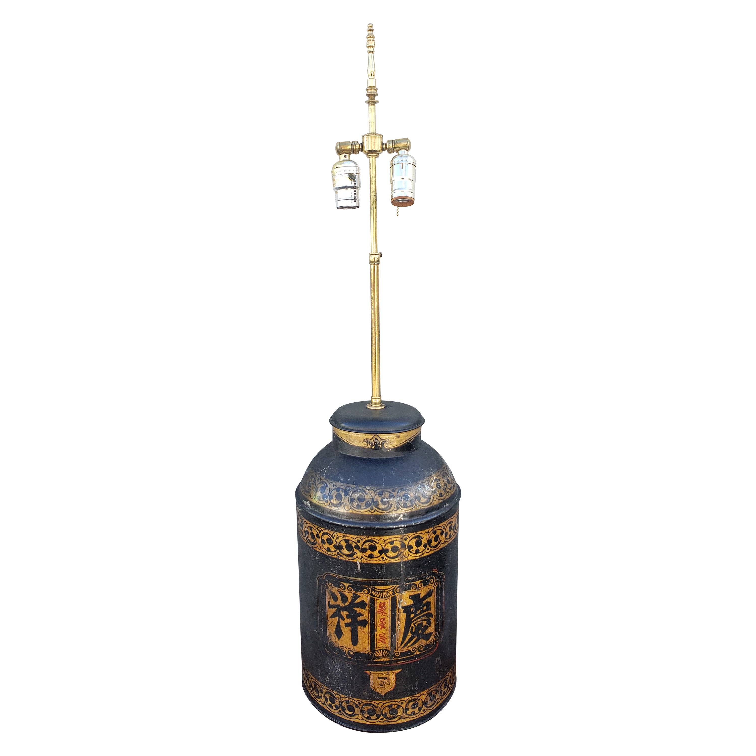 19th Century Parcel Gilt  and Ebonized  Weighted Tea Canister Dual Lights Lamp For Sale