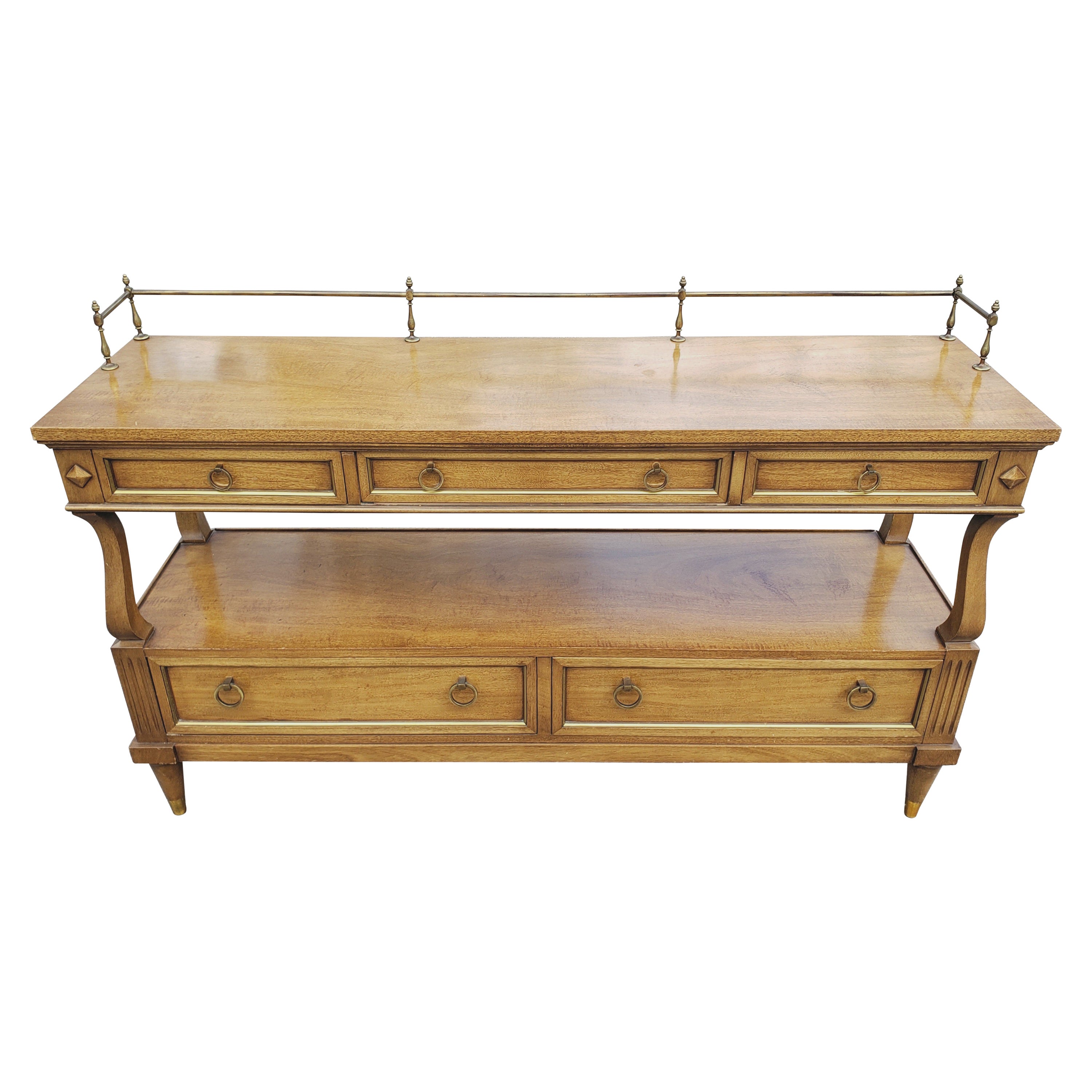 De Bournais French Neoclassical Tiered Brass Mounted Galleried Walnut Sideboard For Sale