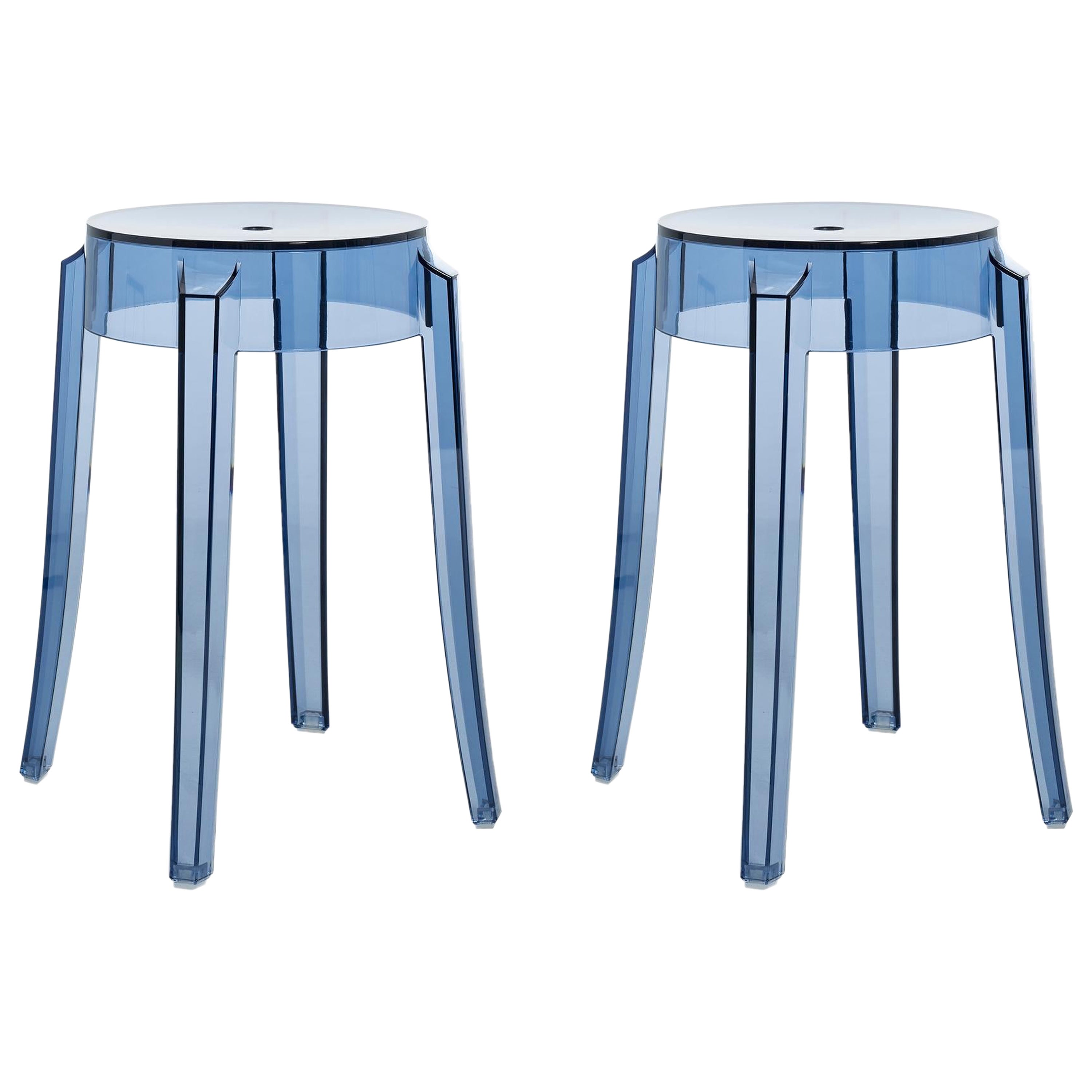Set of 2 Kartell Charles Ghost Small Stools in Powder Blue by Philippe Starck For Sale