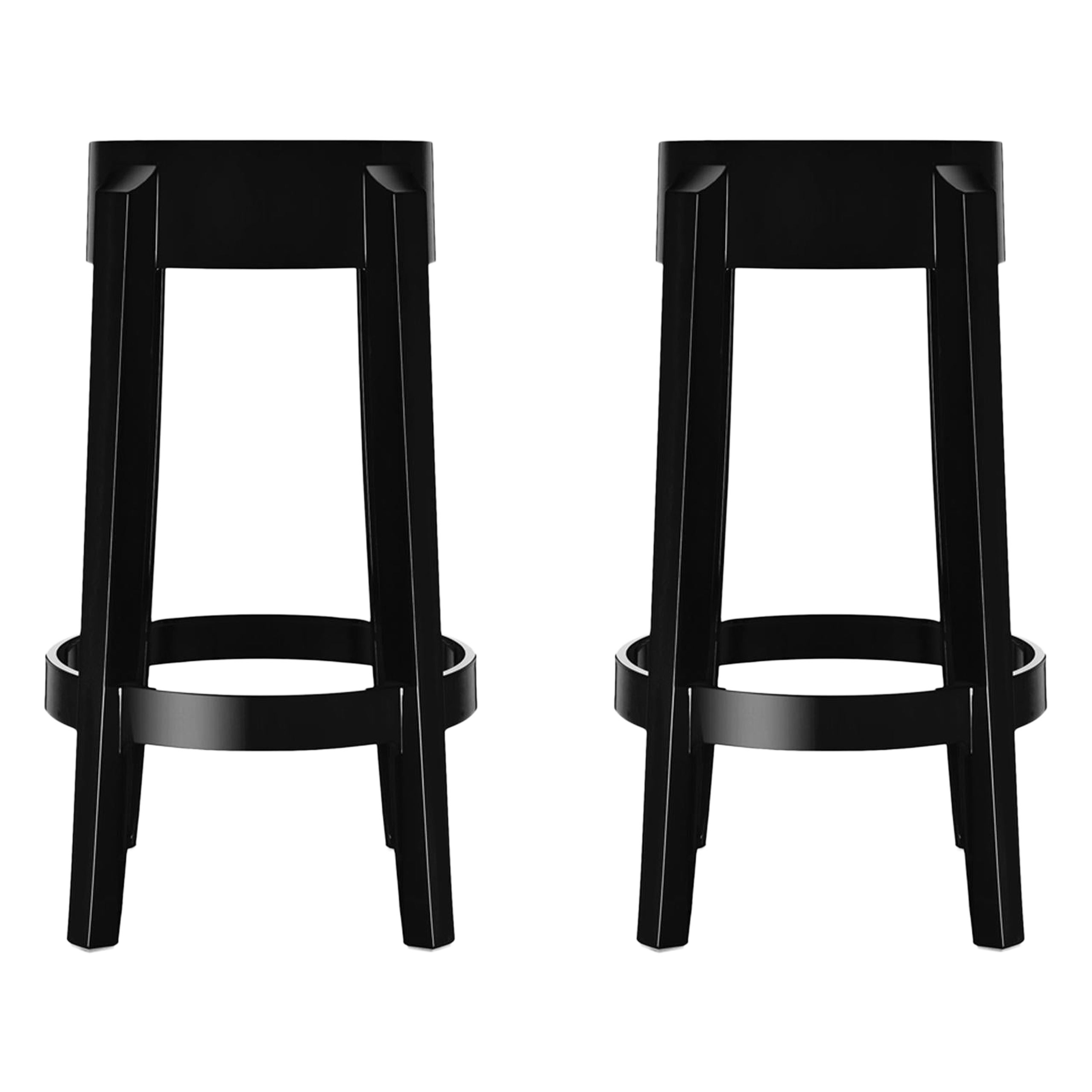 Set of 2 Kartell Charles Ghost Medium Stools in Glossy Black by Philippe Starck For Sale