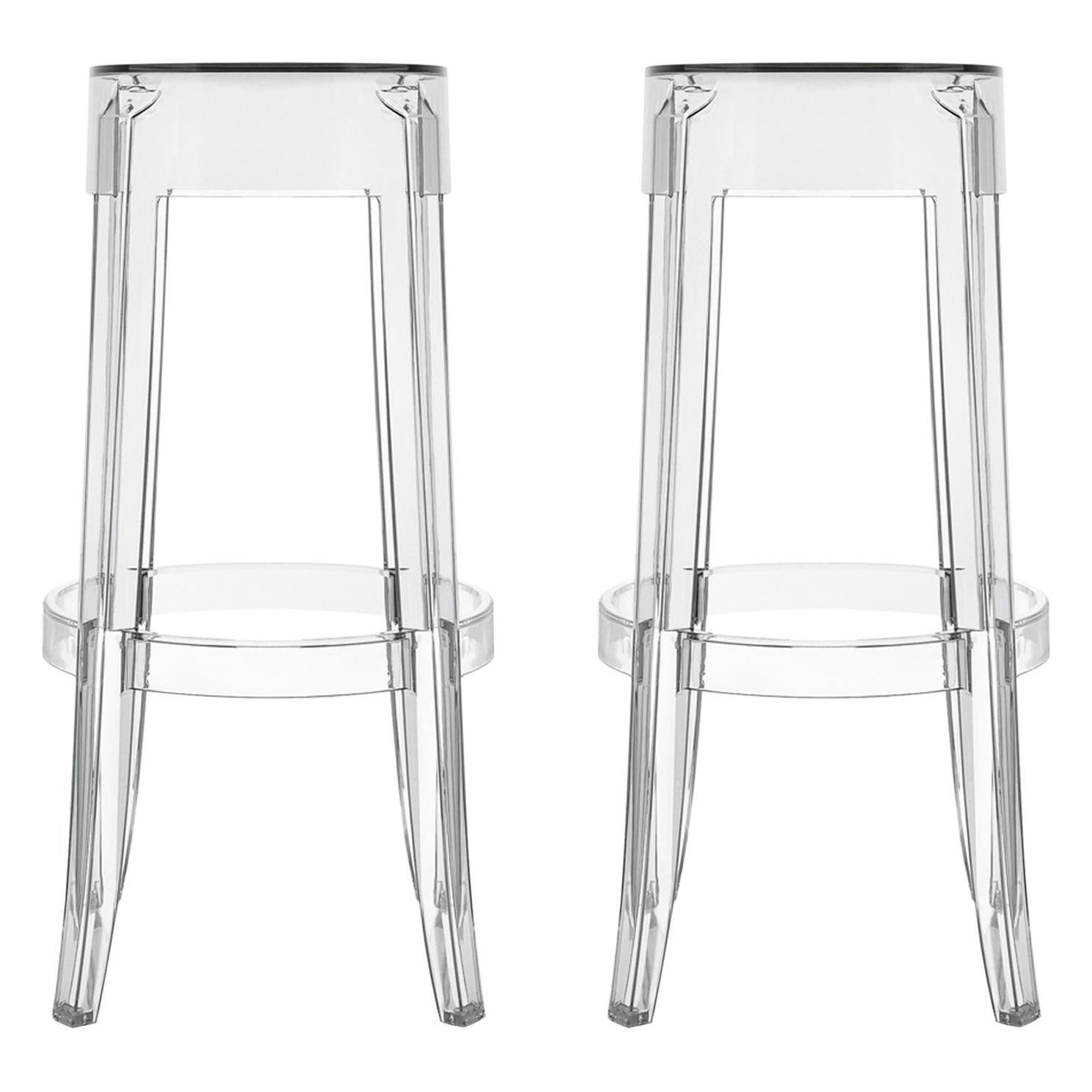 Set of 2 Kartell Charles Ghost Large Stools in Chrystal by Philippe Starck