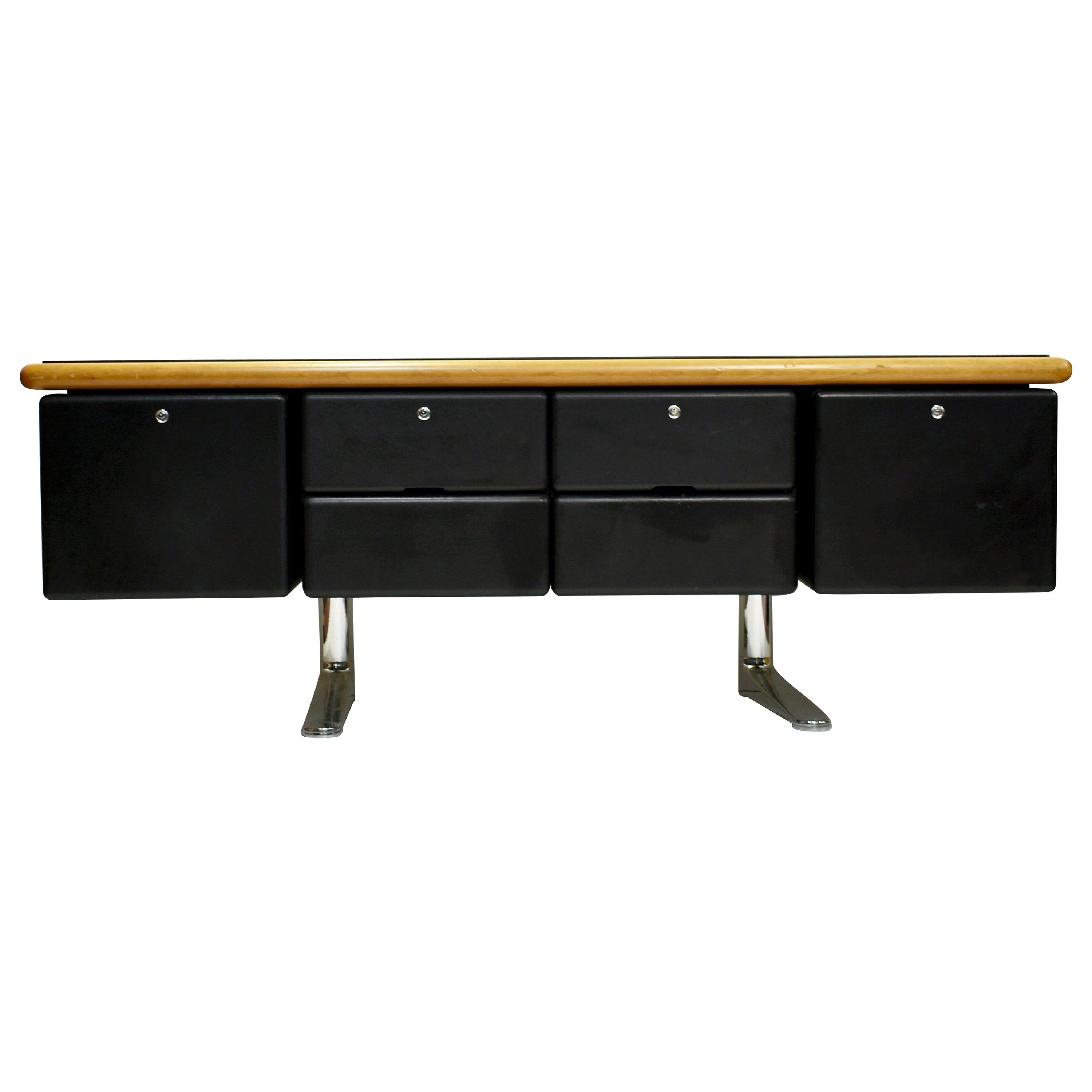 Mid-Century Sideboard in Oak and Black Leather by Warren Platner for Knoll 1970s