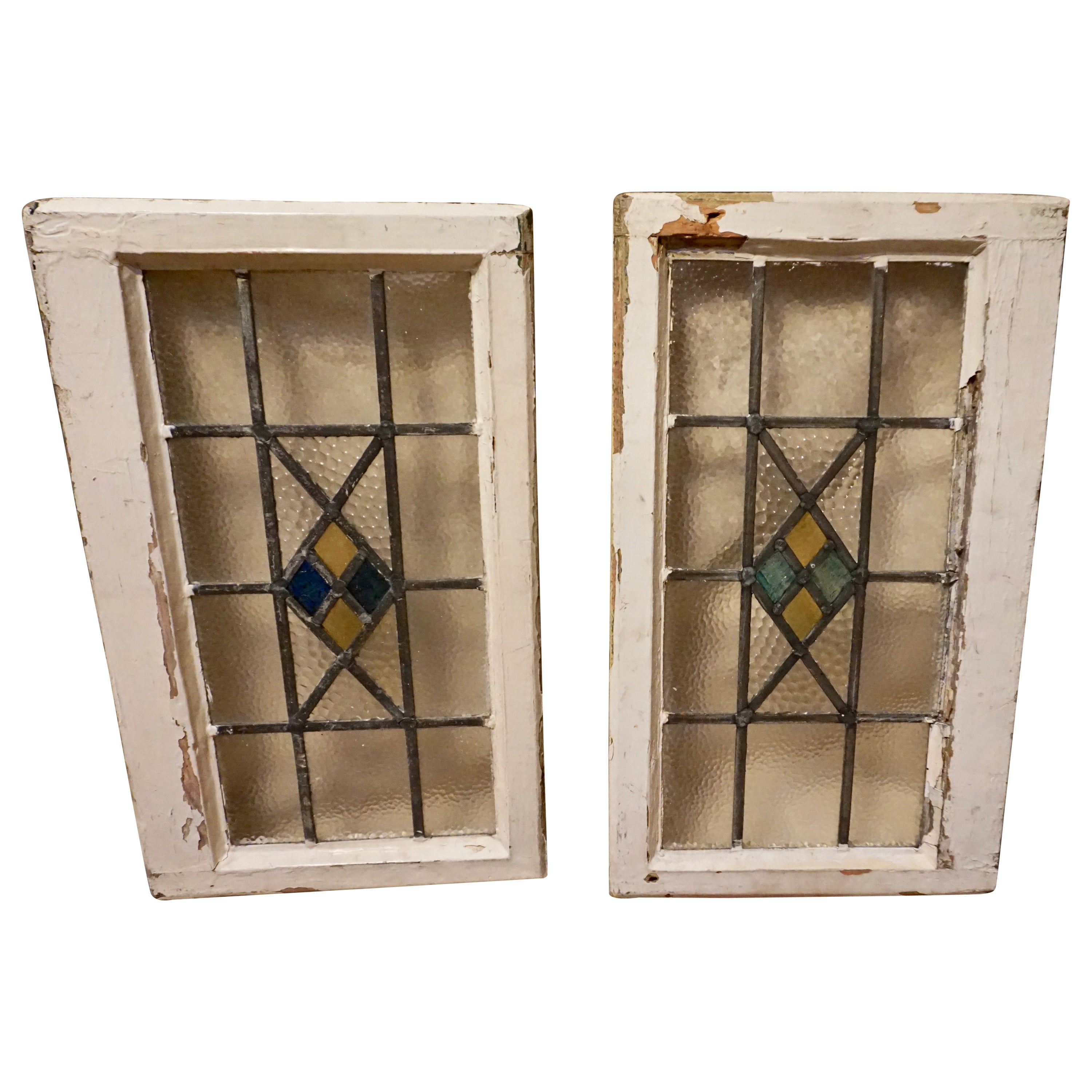 Pair of Art Deco Stained Glass Windows with Geometric Motif