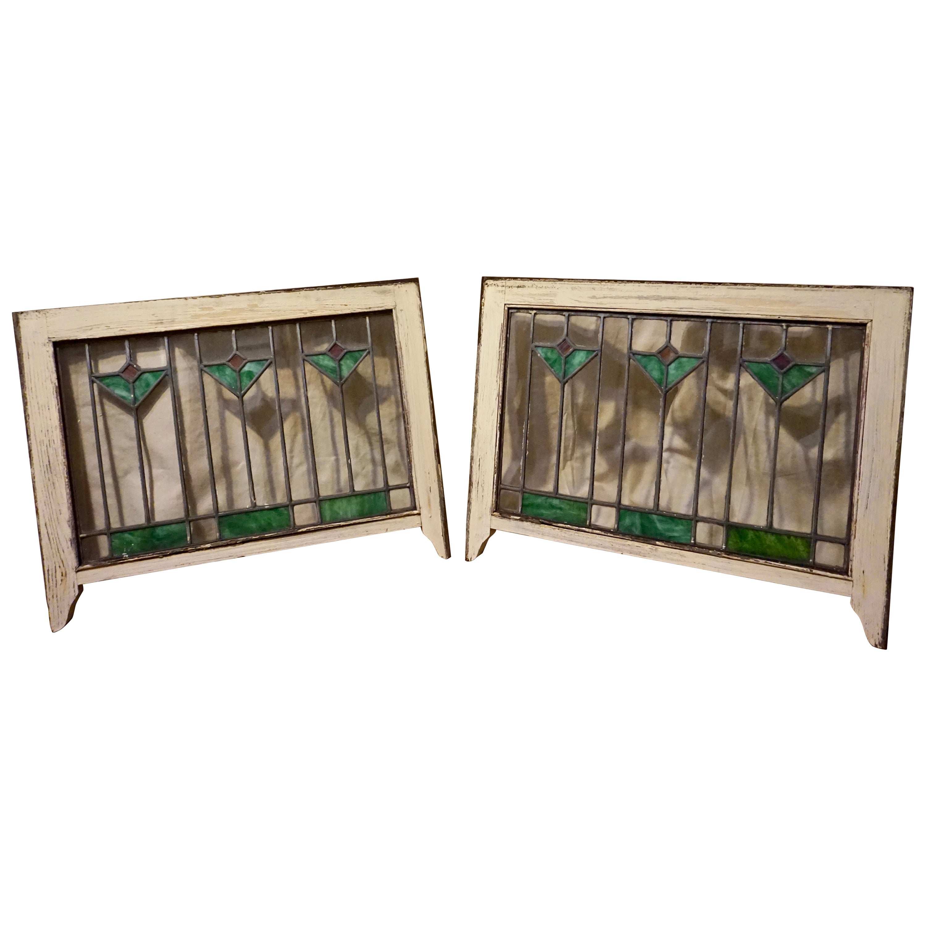 Rare Arts & Crafts Stained Glass Windows with Two-Tone Geometric Floral Theme For Sale