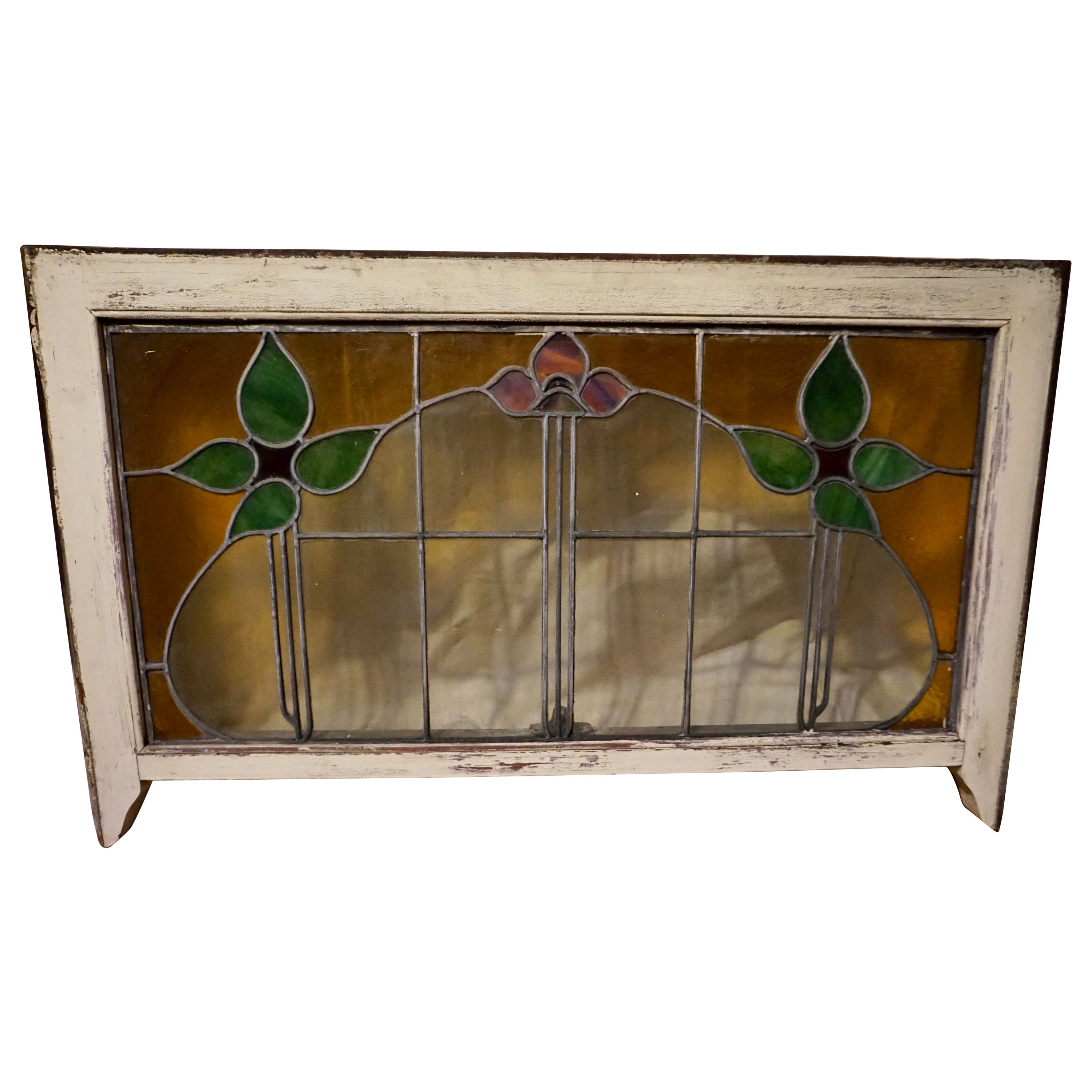 Large Arts & Crafts Stained Glass Window with Floral Theme For Sale