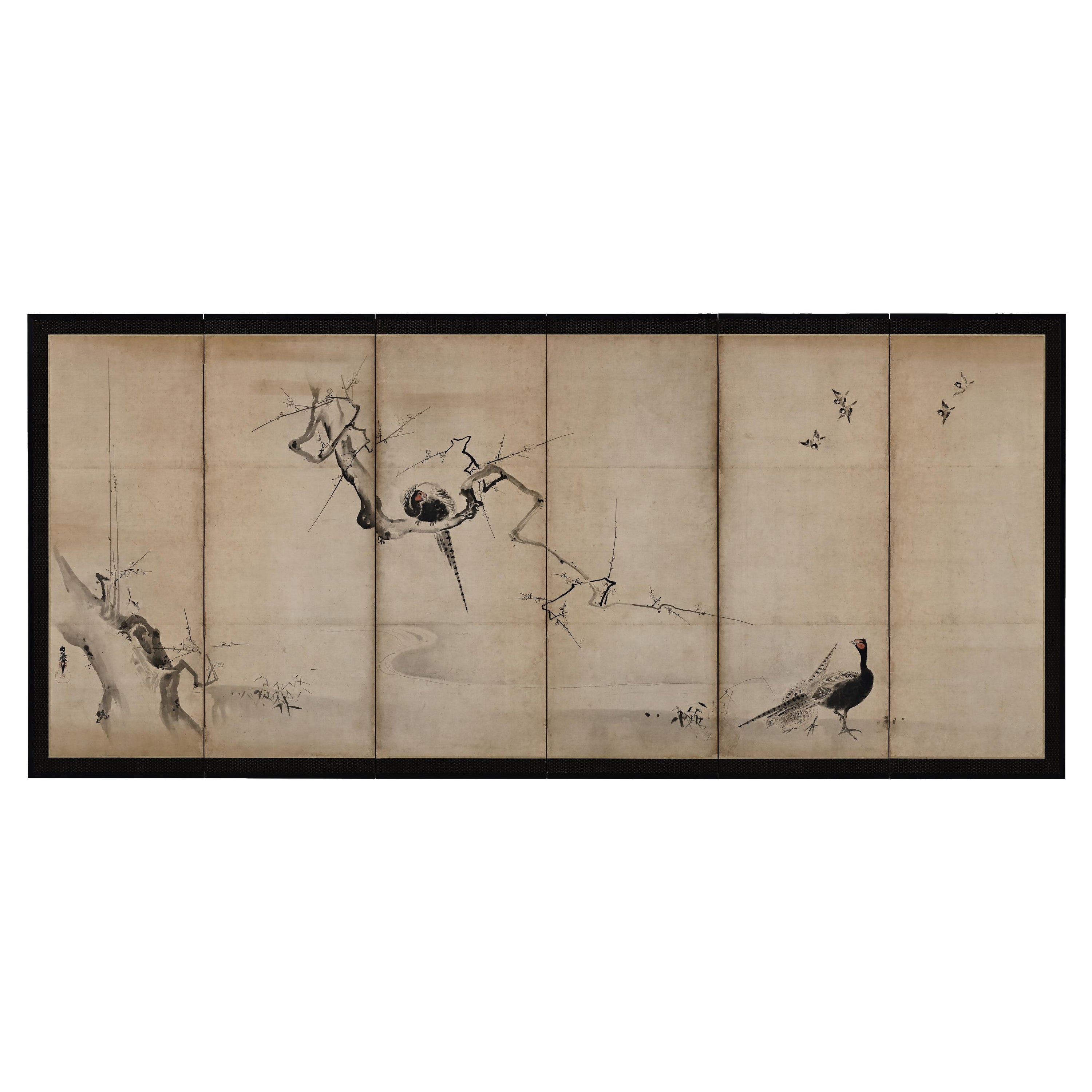 Paravent japonais du 17e siècle. Encre Plum Tree & Birds de Kano Naonobu.