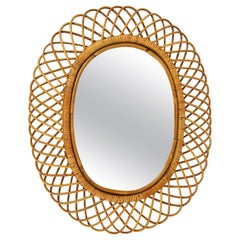 Huge Franco Albini Oval Midcentury Rattan Bamboo Sunburst Wall Mirror, 1950s