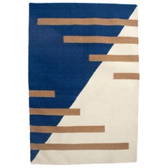 Luna Stripes Blue Handwoven Modern Wool Rug, Carpet and Durrie
