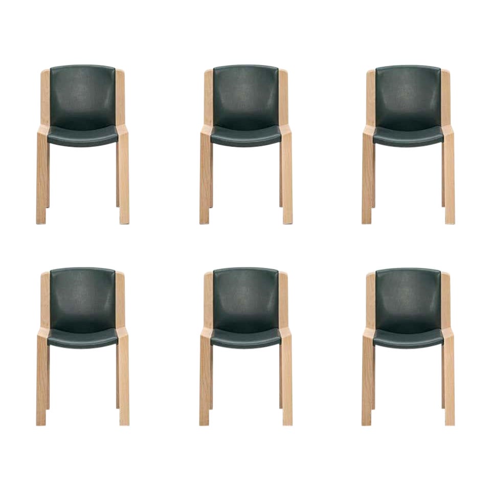 Sechser-Set Joe Colombo ''Chair 300'' aus Holz und Sørensen-Leder von Karakter im Angebot