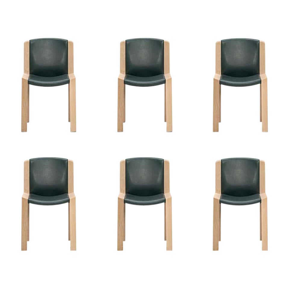 Set of Six Joe Colombo 'Chair 300' Wood and Sørensen Leather by Karakter For Sale