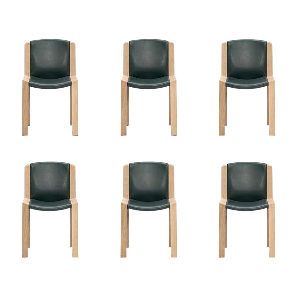 Set of Six Joe Colombo 'Chair 300' Wood and Sørensen Leather by Karakter For Sale