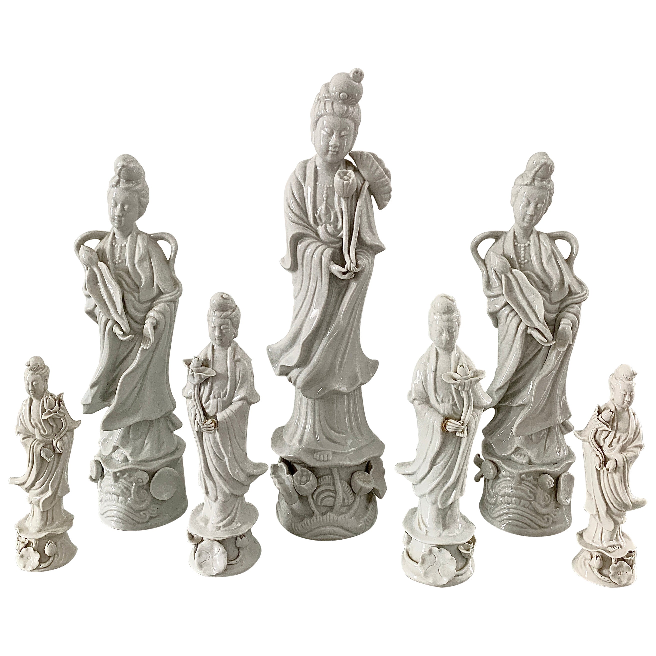 Collection of Chinoiserie Blanc De Chine White Porcelain Figures, a Set of 7