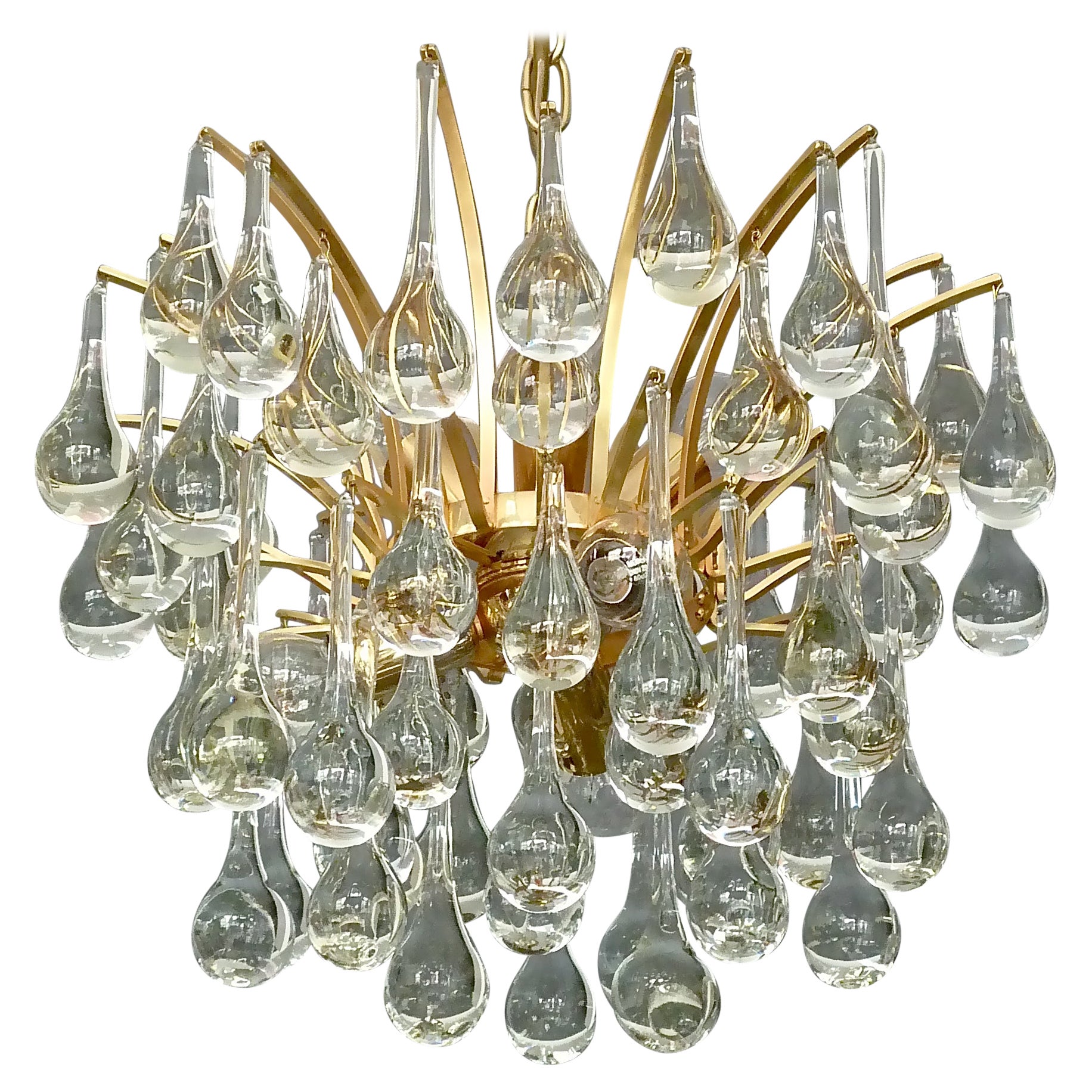 Murano Glass Drop Chandelier Sputnik Gilt Brass Palme Lamp 1960s Venini Style For Sale