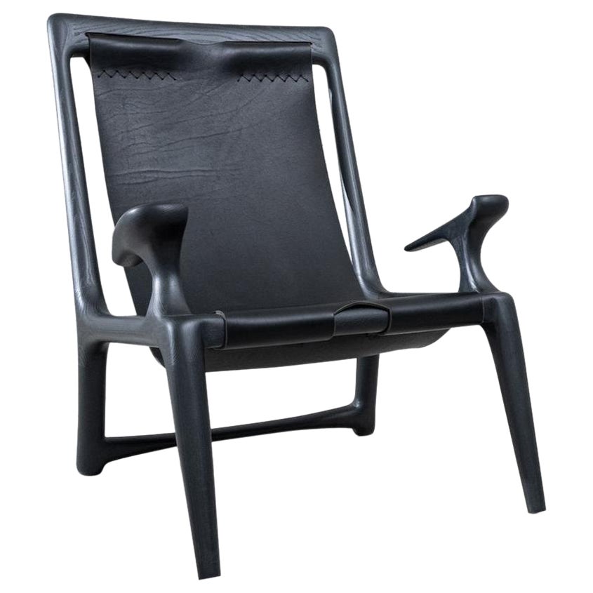 Charcoal Ash & Leather Sling Chair by Fernweh Woodworking For Sale