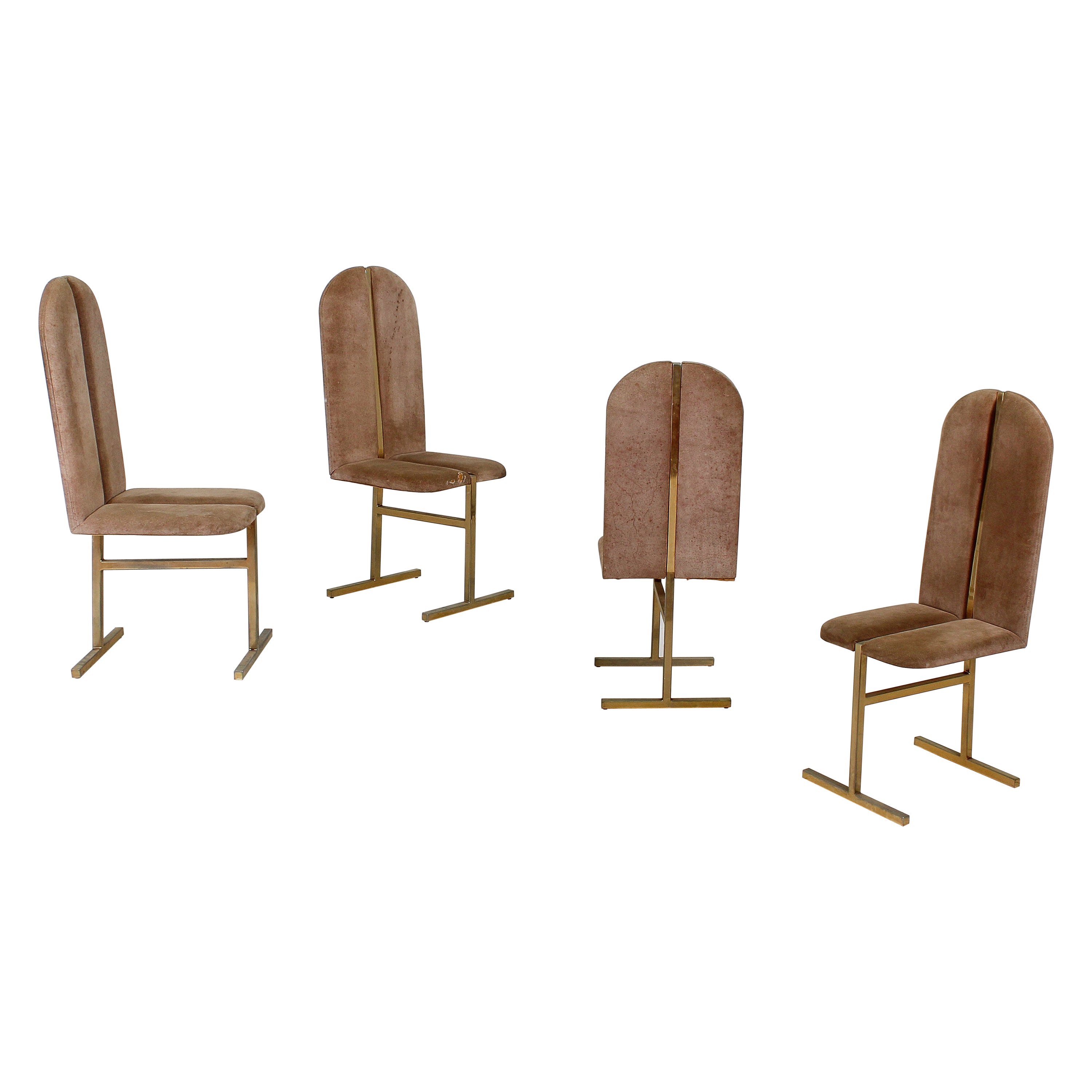 Turri Milano ensemble de 4 chaises en laiton et en daim du milieu du siècle, Italie, années 70 en vente