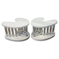 Pair of Modern White Lacquer & Lucite Column Boomerang Side Tables