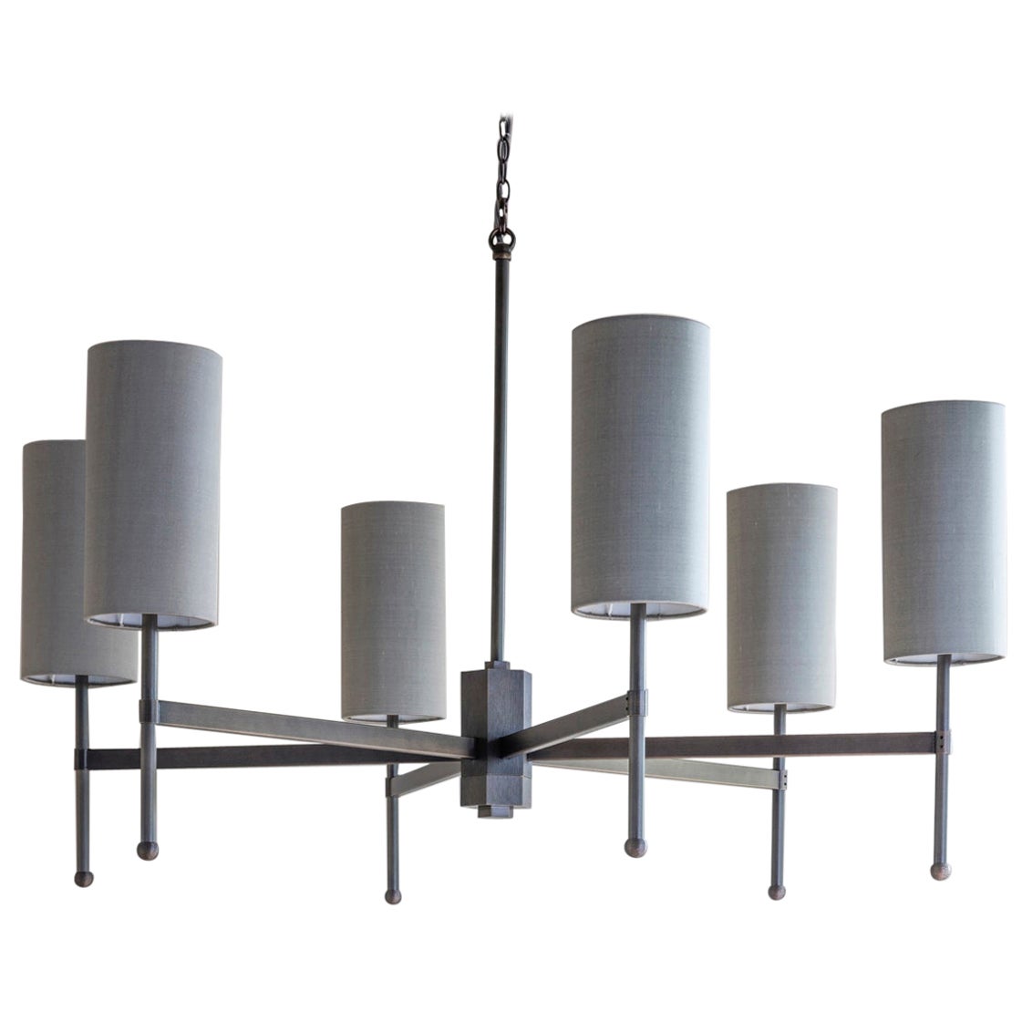 Contemporary Bronze Stem Chandelier with Birch Silk Shades by Tigermoth Lighting