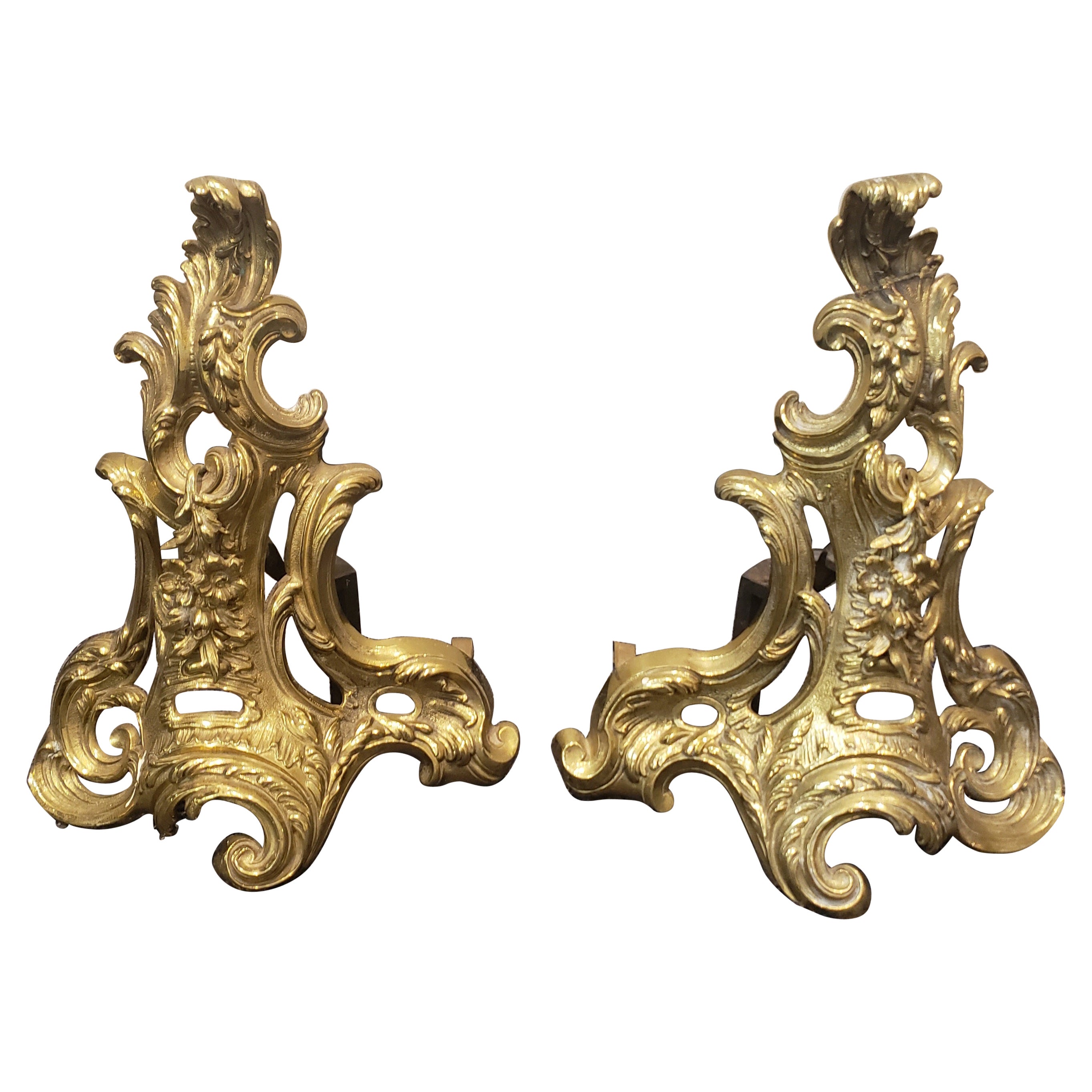 Pair of French Louis XV Style Ormolu Chenets For Sale