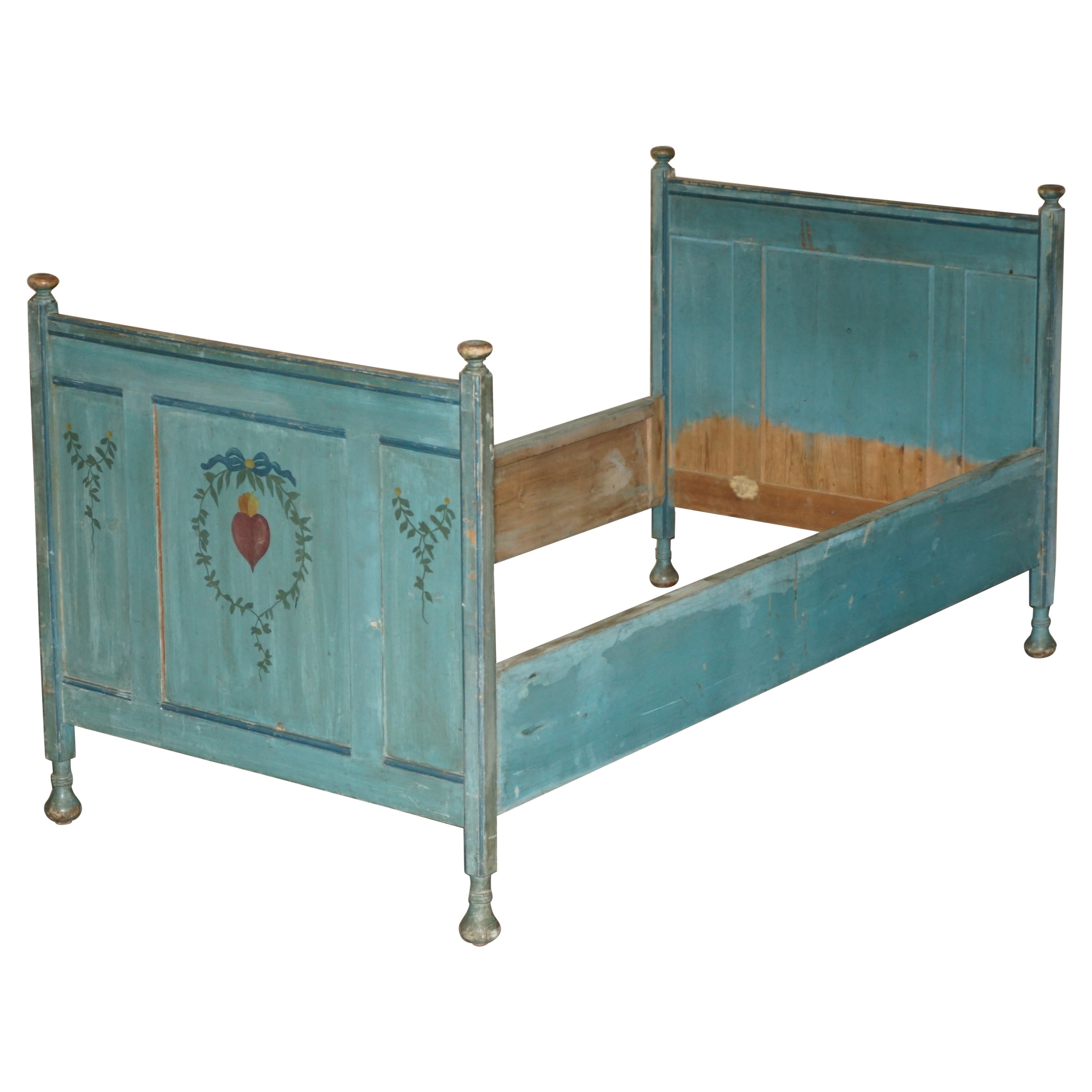ANTIQUE FRENCH DUCK EGG BLUE HAND PAiNTED ORNATELY DECORATED BED FRAME IN OAK For Sale