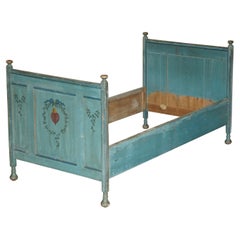 ANTIQUE FRENCH DUCK EGG BLUE HAND PAiNTED ORNATELY DECORATED BED FRAME IN OAK