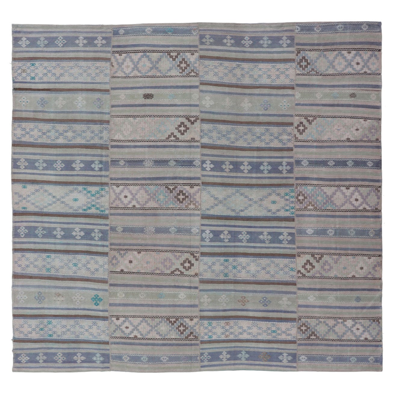Square Vintage Neutral Paneled Kilim Flat-Weave in Neutral Muted Tones  For Sale