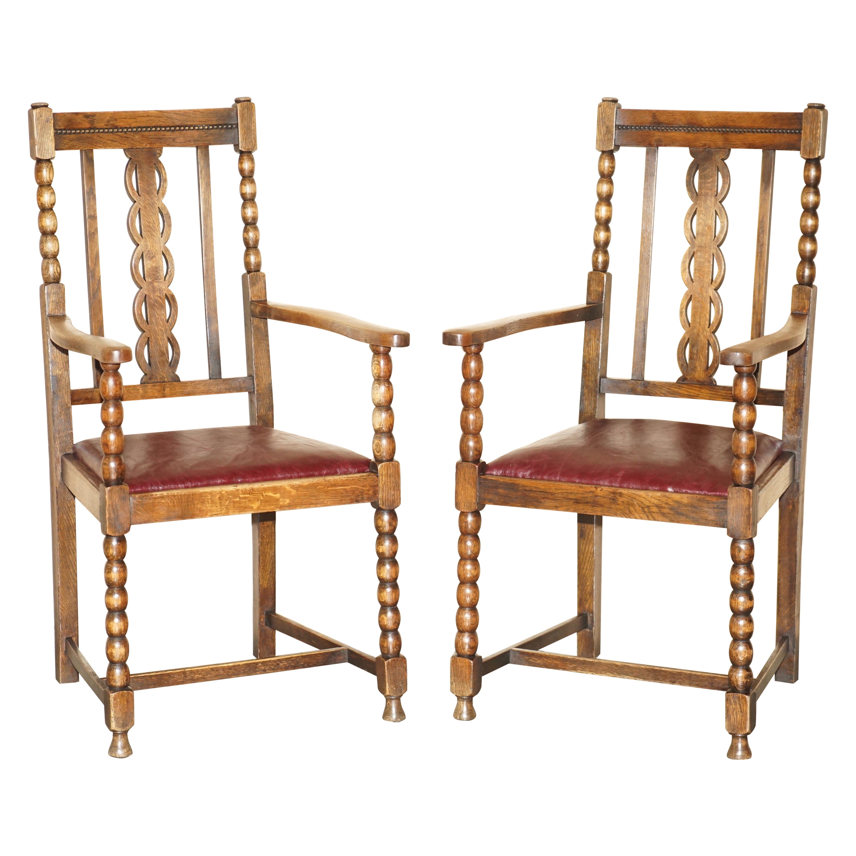Pair of Antique circa 1900 Edwardian Scottish Oak Bobbin Turned Carver Armchairs For Sale