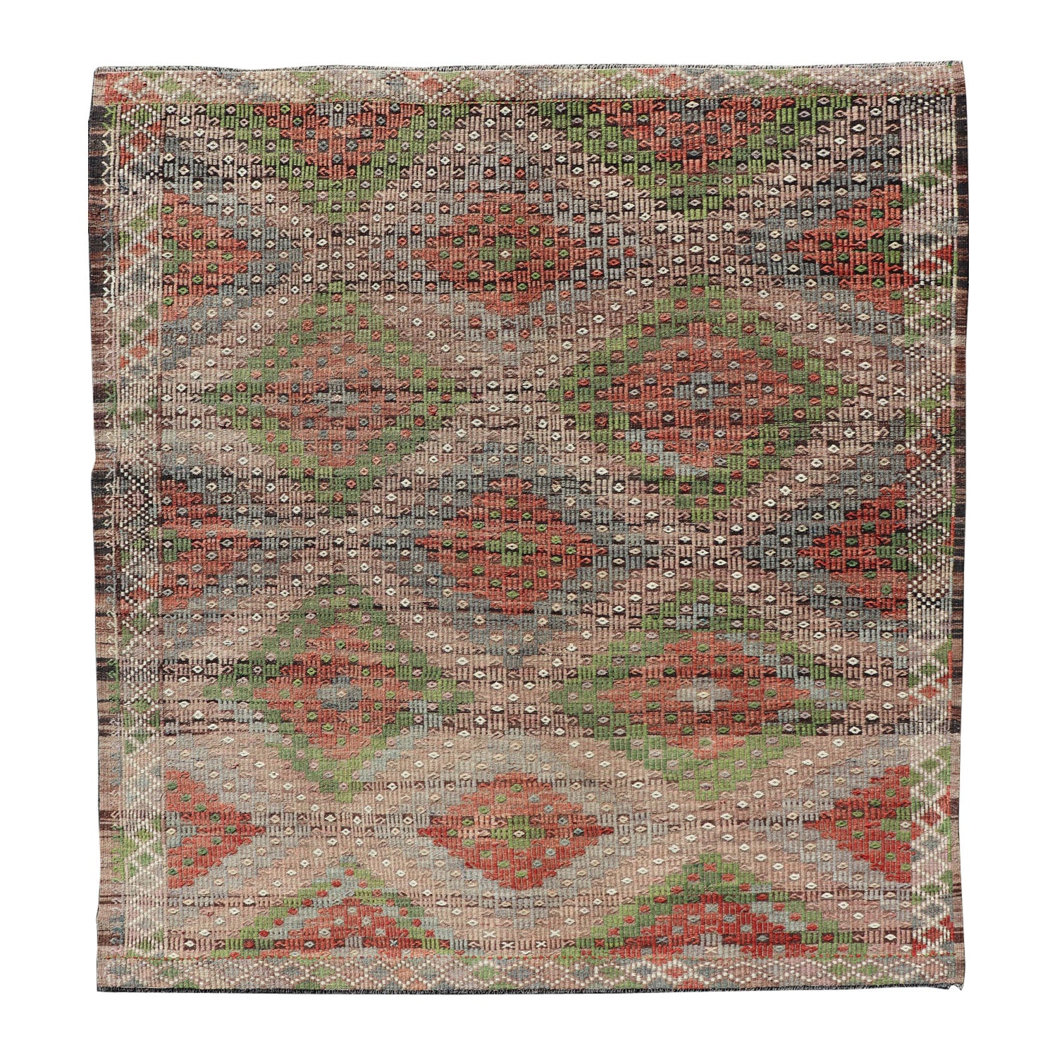 Vintage Turkish Embroidered Flat-Weave Rug with Geometric Design with Green